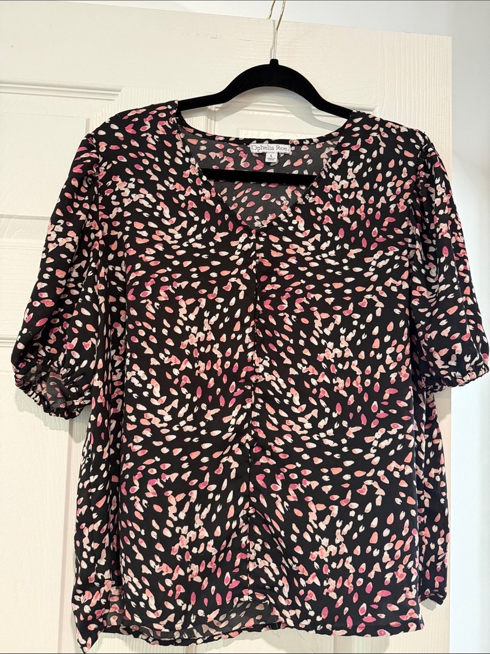 Ophelia Rose Black V-Neck Printed Women's Blouse — Pink & Cream Spots
